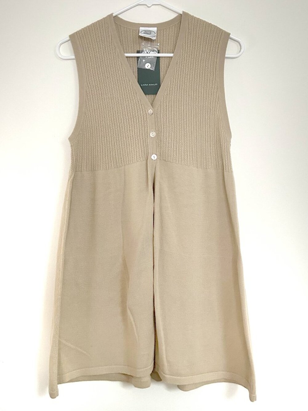 Vintage Laura Ashley Sleeveless Tunic Cardigan Brown Ribbed Knit Vest